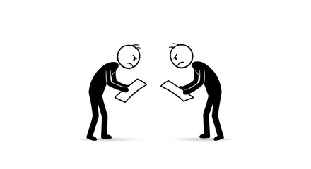 Disgruntled stick figures reviewing documents