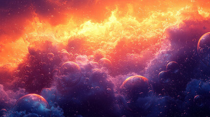 Naklejka premium Celestial collision of bubbles and clouds cosmic scene digital art otherworldly atmosphere panoramic view