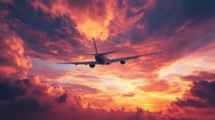 Naklejka premium Jet soaring through vibrant sunset clouds