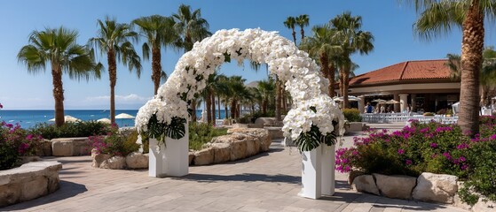 Fototapeta premium Flower arch at beach venue, with palms and sea backdrop, flowers, rocks