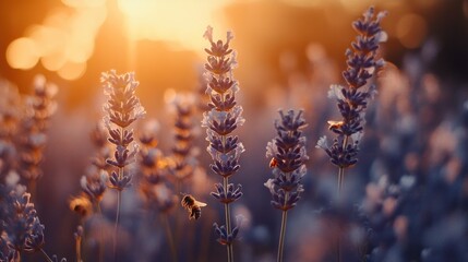Lavender field at sunset, bees pollinating