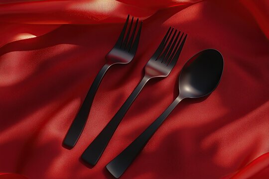 Valentine's Day background with cutlery and red ribbon on a red tablecloth. High-quality photo