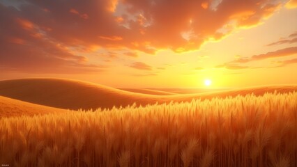 Fototapeta premium Golden Field at Sunset with Dramatic Sky and Rolling Hills