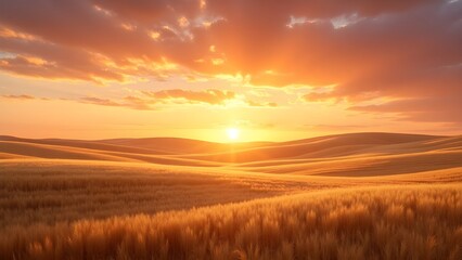 Obraz premium Golden Wheat Field at Sunrise with Rolling Hills Landscape