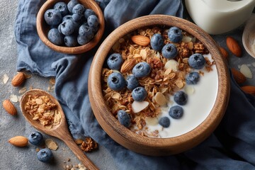 A delicious and healthy breakfast bowl with yogurt, granola, fresh blueberries, and almonds, topped with a dash of milk, perfect for a nutritious start to the day.