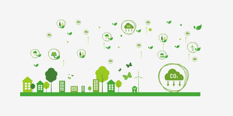 ecology city with green net zero icon 