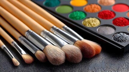 High-Quality Makeup Brushes and Colorful Eyeshadow Palette on Dark Surface for Beauty Applications
