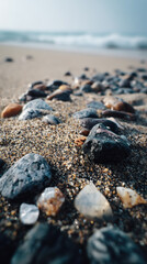 Coastal serenity unfolds with smooth stones scattered across grainy sand, as gentle waves roll onto the beach in the soft, blurred distance creating peace.