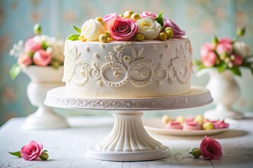 Fototapeta premium Elegant White Floral Cake Stand with Ornate Relief Molding - Food Photography