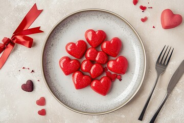 Valentine's Day concept, heart-shaped red marshmallows with red ribbon on a plate and cutlery