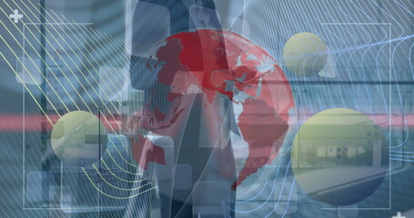 Image of shapes and globe over caucasian businesswoman using tablet