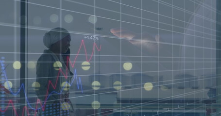 Image of data processing over diverse business people walking