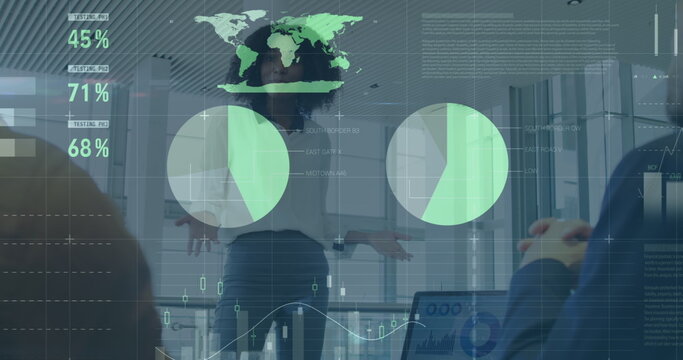 Image of data processing over diverse business people at meeting