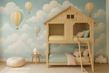 Cozy kids bedroom with wooden bunk bed house frame and hot air balloon mural. Perfect for aesthetic room decor, cozy room decor and room decoration ideas with playful charm and dreamy design