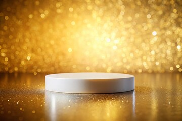 Elegant White Round Podium on Gold Background - Product Display Mockup