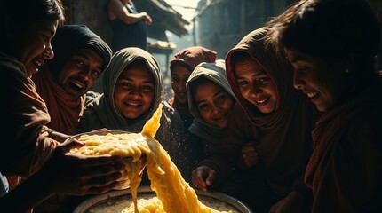 Naklejka premium Villagers rejoice on the streets of the village, flooded with porridge from the magic pot. Illustration for the fairy tale 