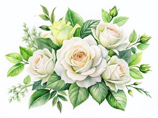 Fototapeta premium Elegant White Watercolor Roses with Green Leaves - Delicate Floral Design