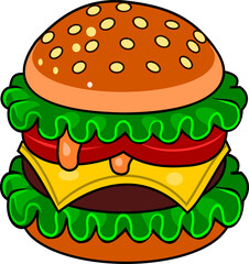 Colorful cartoon-style hamburger illustration with lettuce, tomato, cheese, and sauce dripping from the layers. A fun and appetizing design, perfect for food-related branding, menus, stickers