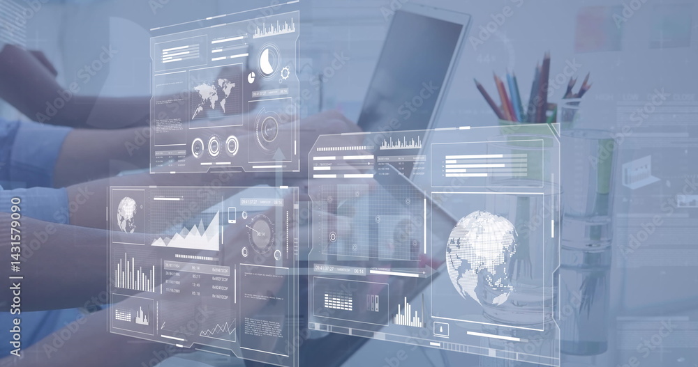 Poster image of data processing over diverse business people using laptops