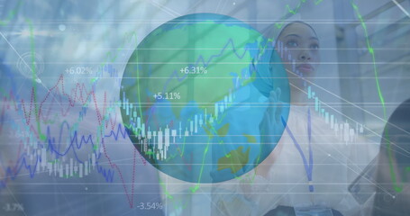 Image of globe and financial data processing over biracial businesswoman in hijab