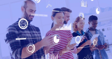 Image of data processing over diverse business people using tablets