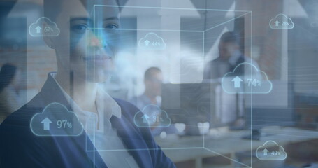 Image of clouds, data processing over diverse business people in office