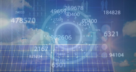 Image of financial data processing over solar panel