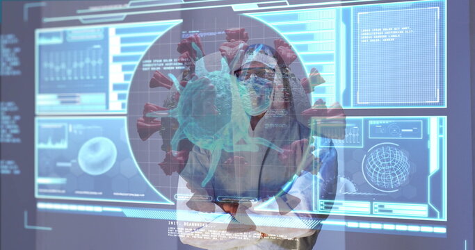 Observing doctor in hazmat suit analyzing 3D virus model on digital screen in lab, with stethoscope