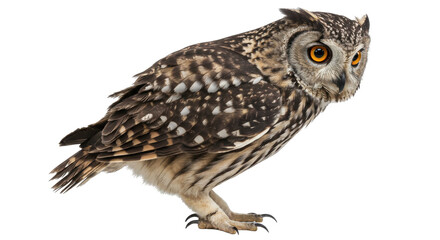 Obraz premium Intense gaze of a mottled owl perched alert on a black backdrop striking orange eyes piercing
