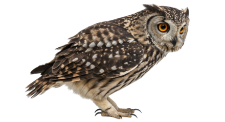 Intense gaze of a mottled owl perched alert on a black backdrop striking orange eyes piercing