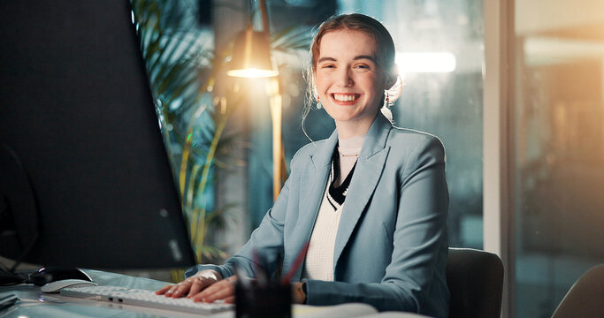 Portrait, night and woman with computer, finance and investment advisor with confidence. Expert, economy analyst and employee in office, evening or pc for email, budget report or proposal for funding