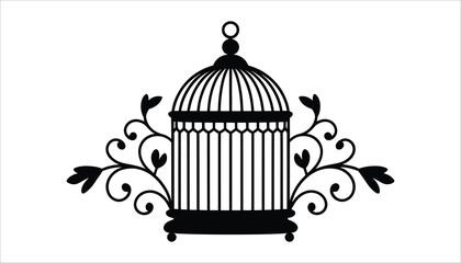 Vintage Birdcage with Ornate Flourishes – Elegant Black Silhouette Design on White Background
