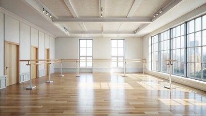 Empty Ballet Studio: White Walls, Light Wood Barre, Dance Class