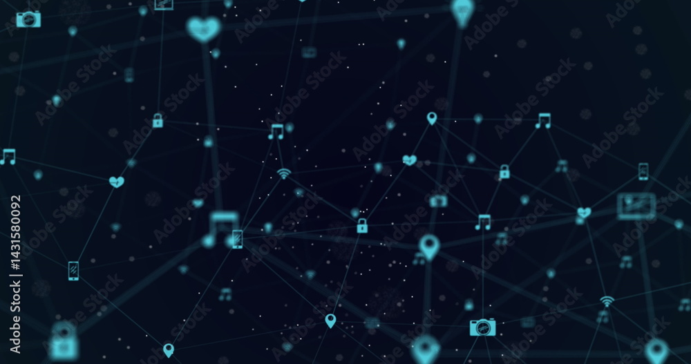 Poster image of network of connections with icons floating over black background