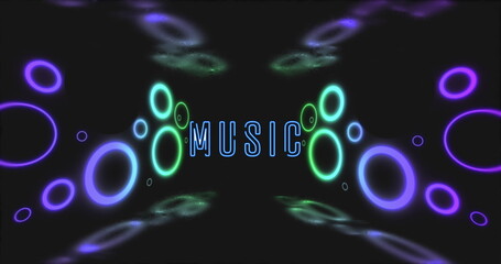 Image of music and neon circles on black background