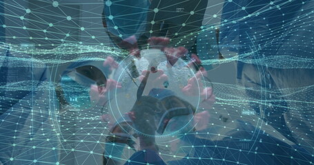 Masked doctor manipulating holographic coronavirus model in lab, with AR graphics and grid lines