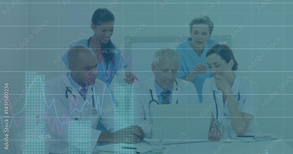 Poster image of financial graphs and data over diverse medics talking and using laptop