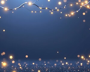 A string of warm white fairy lights hangs against a dark blue background with sparkling glitter on the ground
