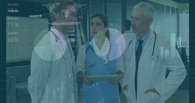 Image of financial graphs and data over diverse medics talking