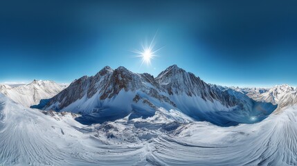 Obraz premium Majestic snow-capped mountains under a bright sun in a clear blue sky during midday hours
