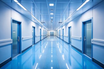 Fototapeta premium Empty Blue Hospital Corridor, Medical Clinic Interior, Healthcare Architecture, Sterile Environment