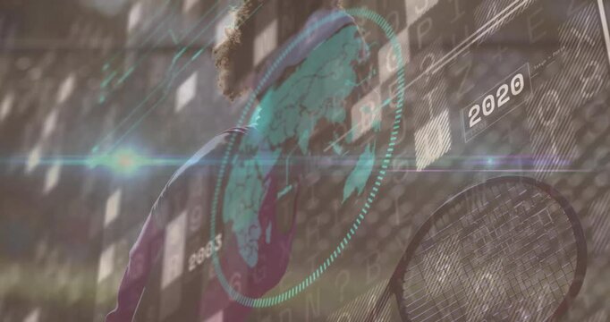 Woman holding racket while sports technology overlaying map, binary streams and 2019 label on court