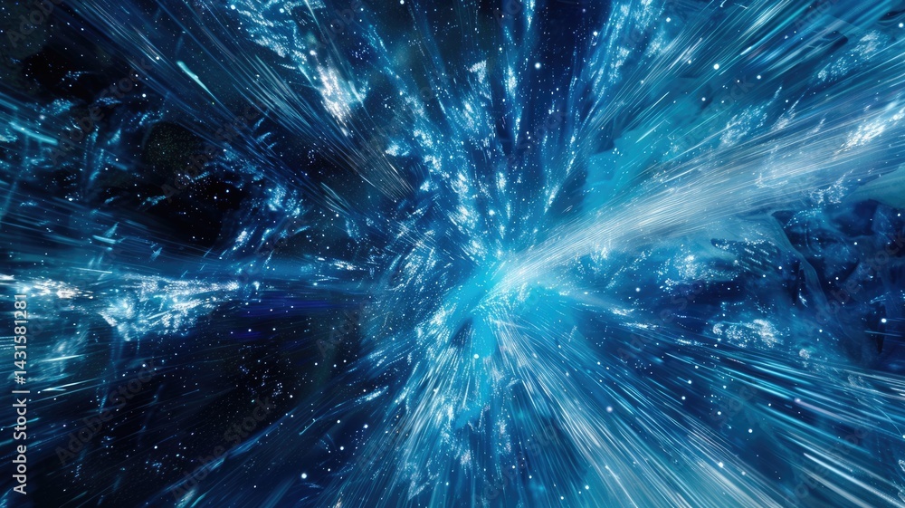 Poster abstract image beautiful blue light sparkling particles scattered across space background while swir