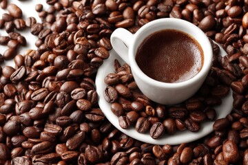 Fototapeta premium Aromatic espresso in a white cup, surrounded by rich roasted coffee beans, creating a warm and inviting atmosphere for coffee lovers and enthusiasts alike.