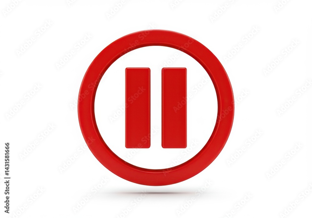Poster a red pause icon with two vertical bars inside of a red circle isolated on white background