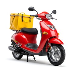 A bright red motor scooter with a yellow food delivery bag attached to the back, isolated on a clean white background