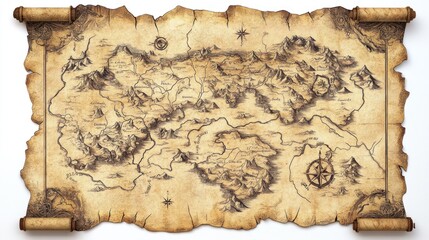 Ancient treasure map on aged parchment scroll with hand-drawn fantasy land, mountains, rivers, and compass rose.