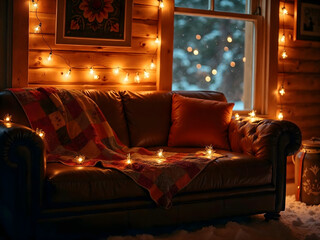 Obraz premium Cozy Sofa with Blanket and String Lights in Cabin Setting