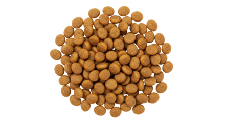 Round pile of tan-colored kibble on black background, seen from above, densely packed