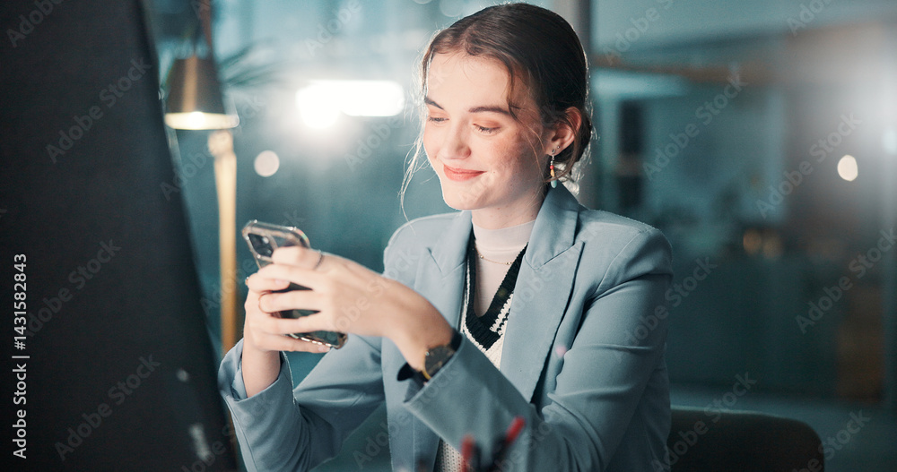 Aufkleber night, smile and woman with smartphone, office and communication with tech at work and workaholic. b